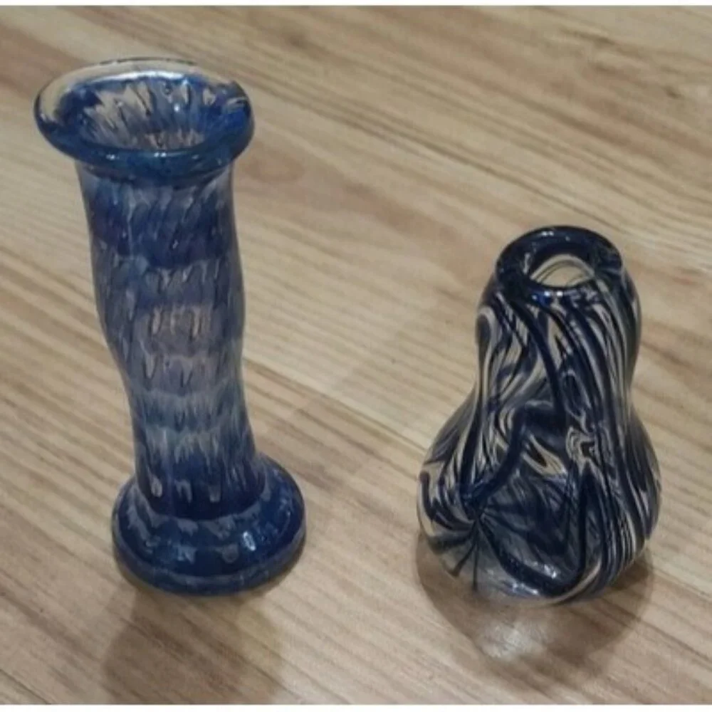 Blue Hand Blown Glass Bud Vase Set 2 Piece Swirl Art Glass Decorative Vessels